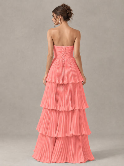 BOLODOO Coral Strapless Tiered Pleated Bridesmaid Dress - Coral - Coral_2