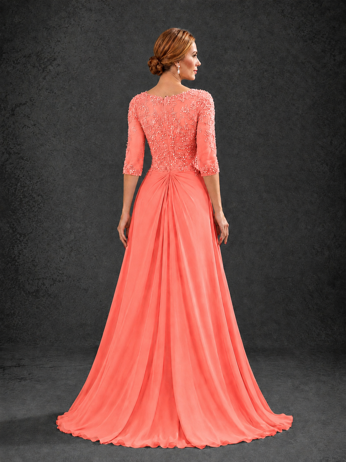 BOLODOO Coral Sweetheart Neck 3/4 Sleeve Floral Lace Illusion Bodice Chiffon A-Line Gown - Coral - Coral_2