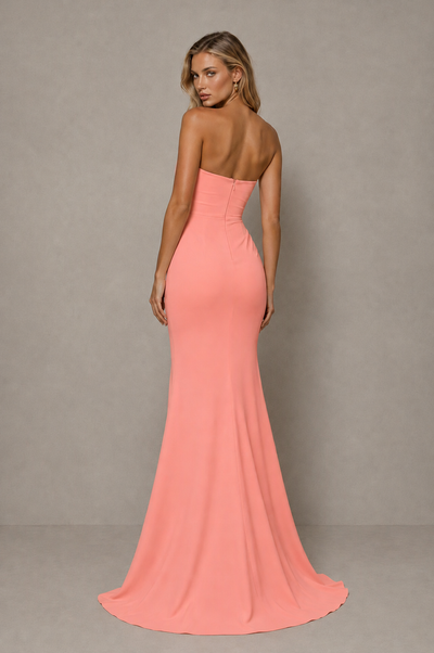 BOLODOO Coral Strapless Sweetheart Ruched Mermaid Gown | Cascade Drape Formal Evening Dress - Coral - Coral_2