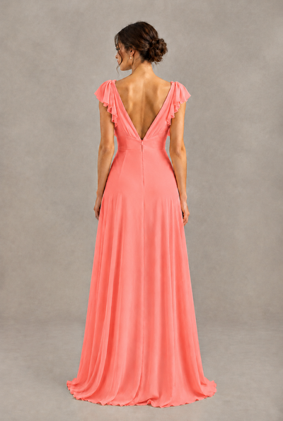 BOLODOO Coral V-Neck Flutter Sleeve A-Line Bridesmaid Dress - Coral - Coral_2