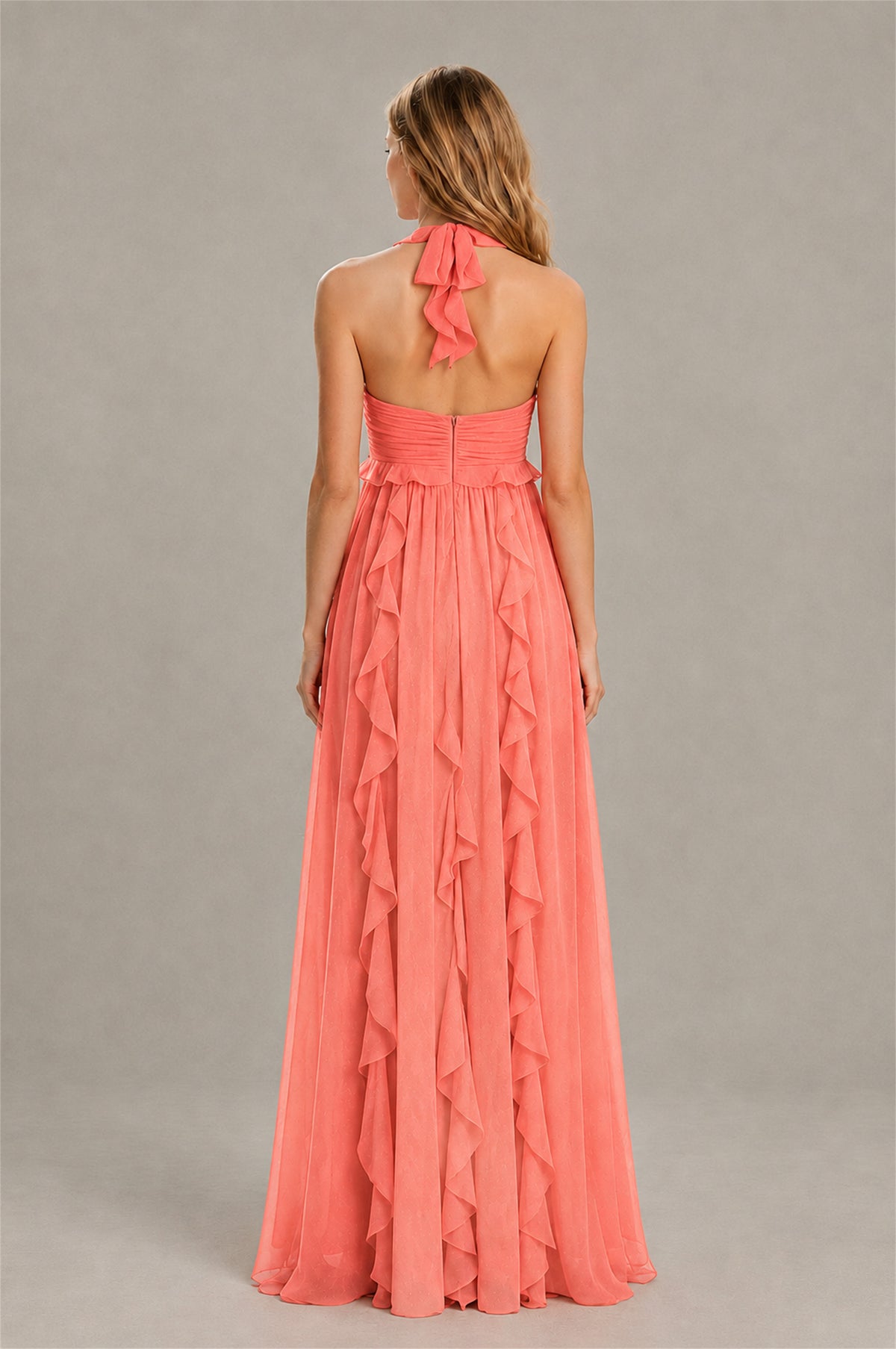 BOLODOO Coral Halter Ruffle A-Line Floor-Length Evening Dress - Coral - Coral_2