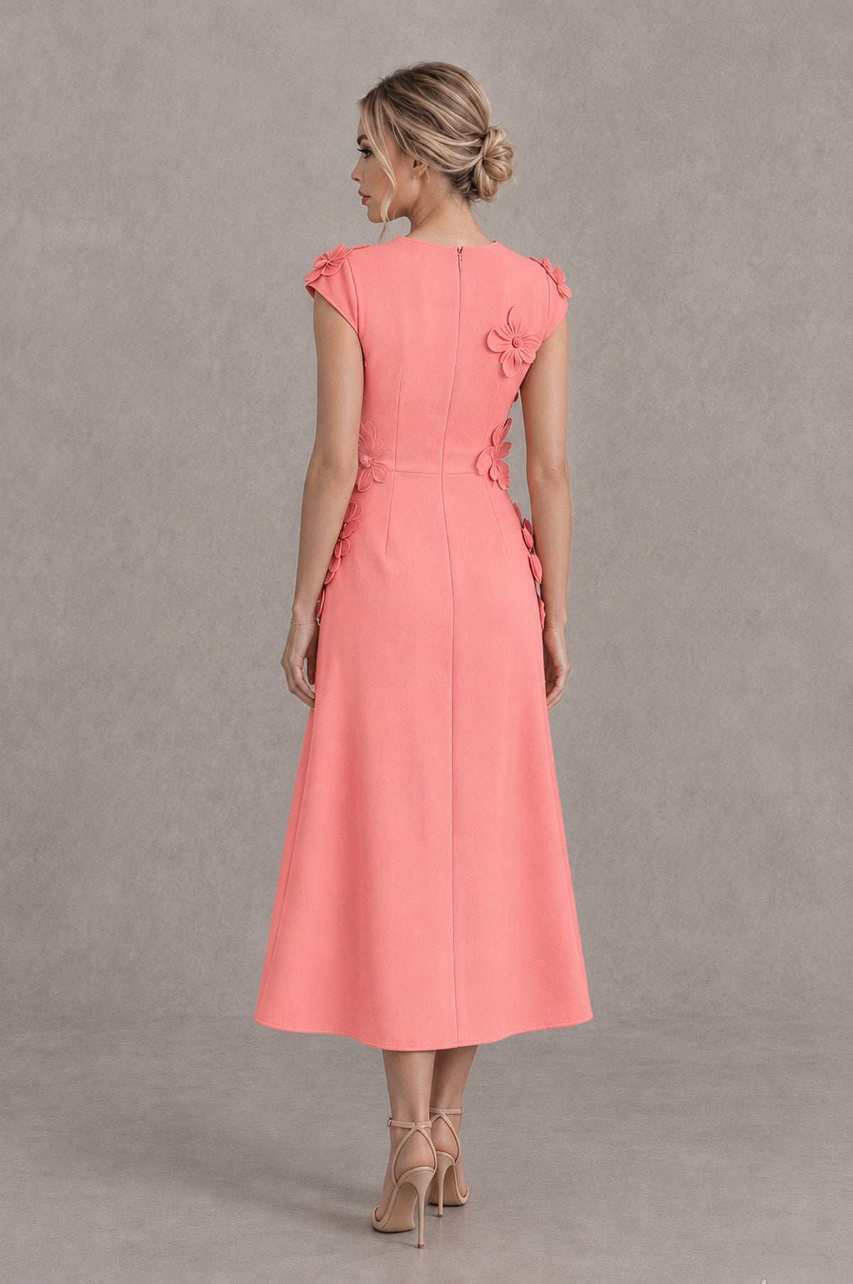 BOLODOO Coral 3D Floral Cap Sleeve Midi Cocktail Dress - Coral - Coral_2