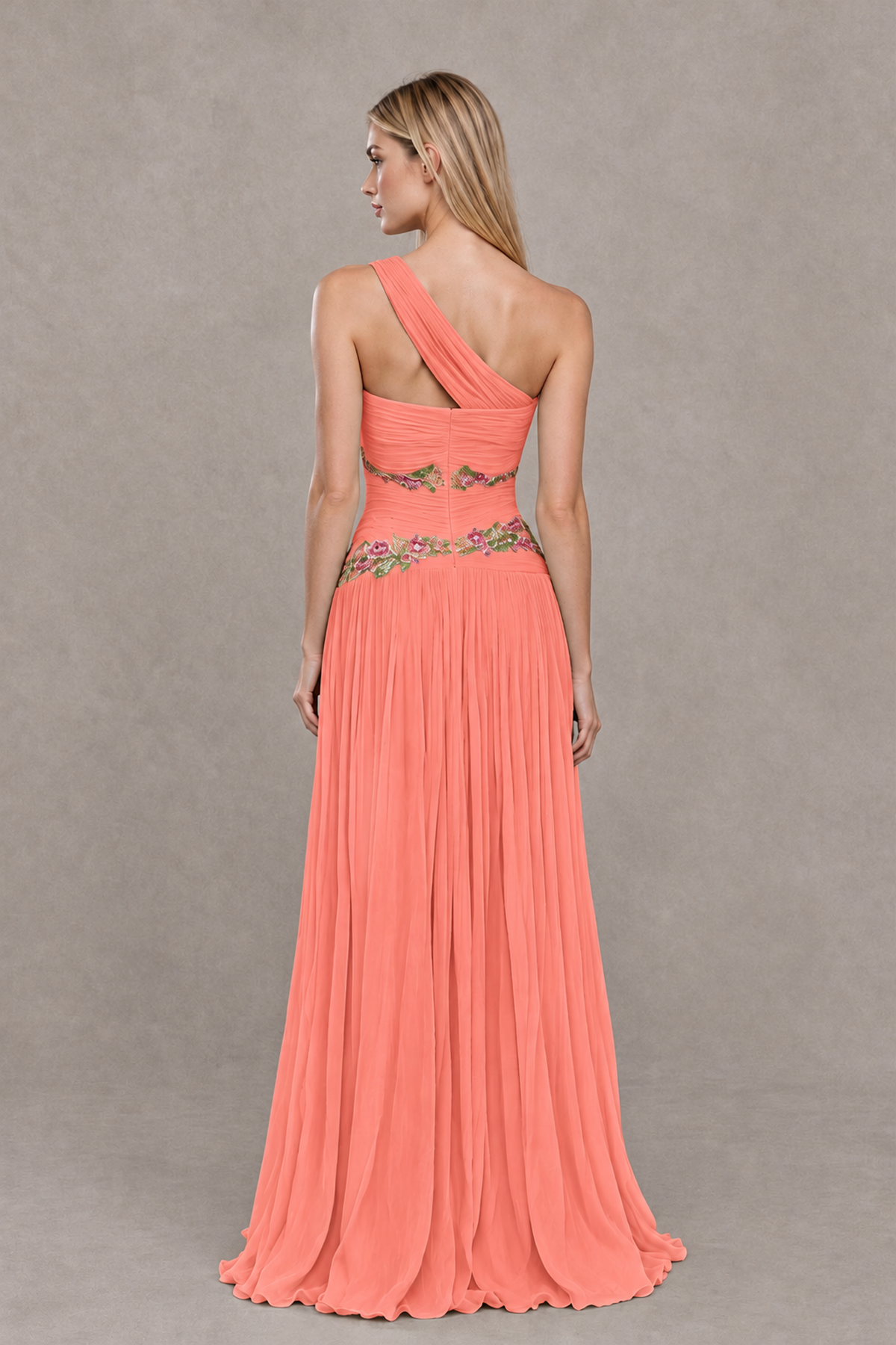 BOLODOO Coral One-Shoulder Floral Applique A-Line Evening Dress - Coral - Coral_2