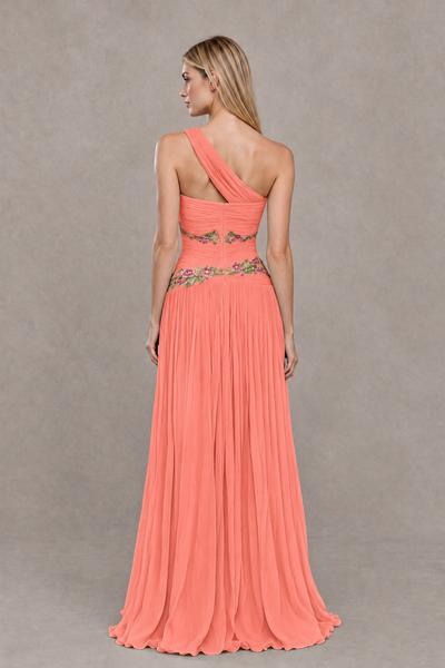 BOLODOO Coral One-Shoulder Floral Applique A-Line Evening Dress - Coral - Coral_2