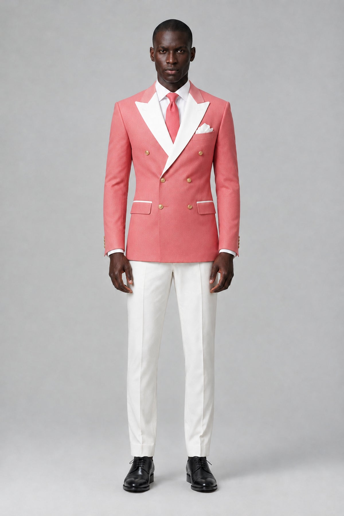 BOLODOO Men's Coral Double-Breasted Blazer & Cream Trousers Tuxeto 2-Piece Suit Set - Coral - Coral_2