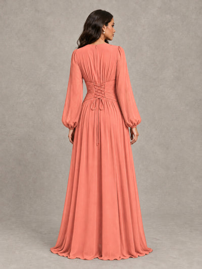 BOLODOO Coral Long Sleeve A-Line Bridesmaid Dress - Coral - Coral_2