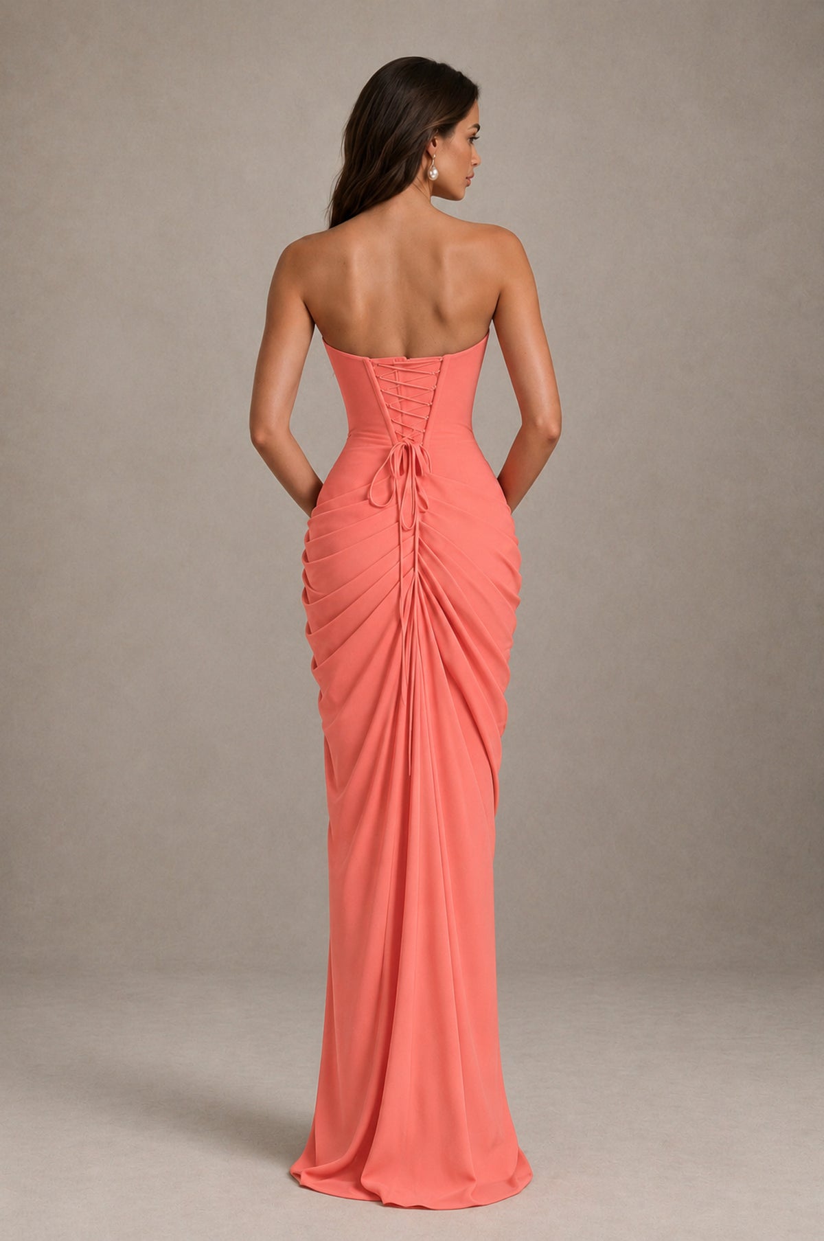 BOLODOO Strapless Draped Maxi Dress - Coral Backless Evening Gown with High Slit - Coral - Coral_2