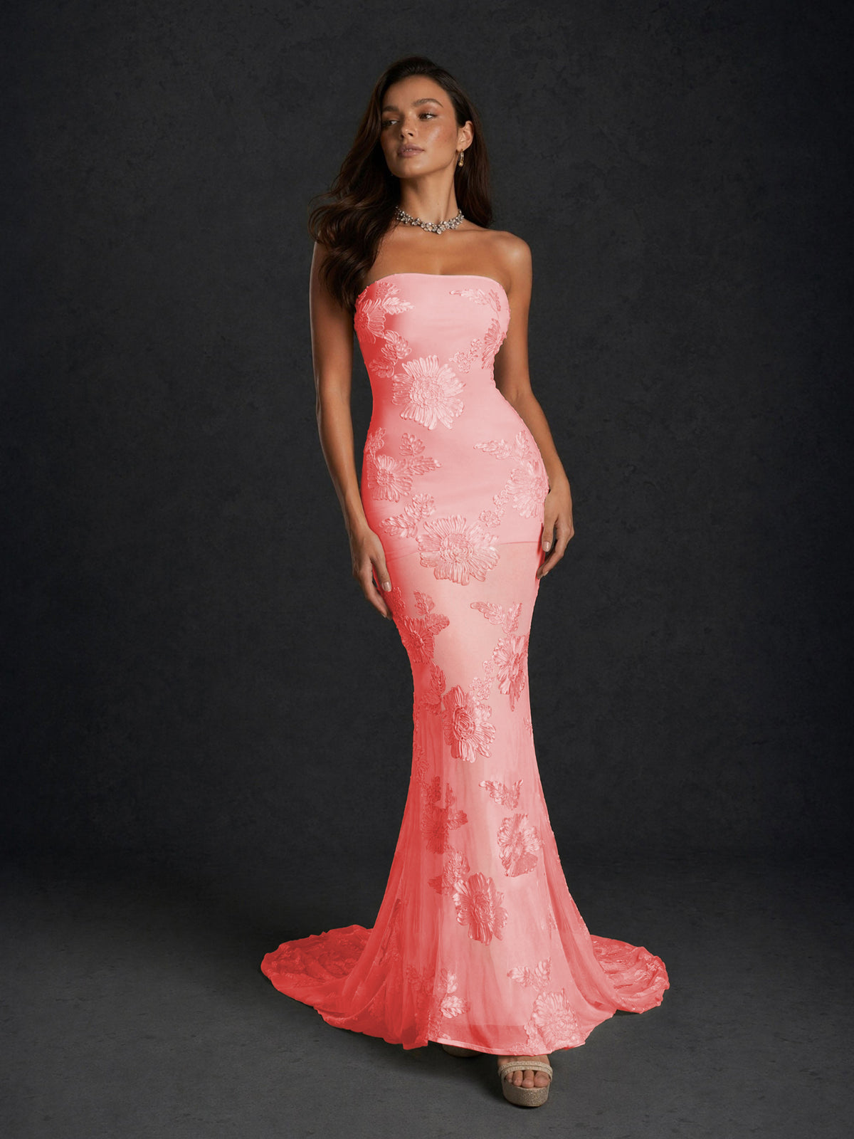 BOLODOO Coral Champagne Gold Floral Sequin Embroidered Mesh Strapless Open Back Mermaid Maxi Dress with Train - Coral