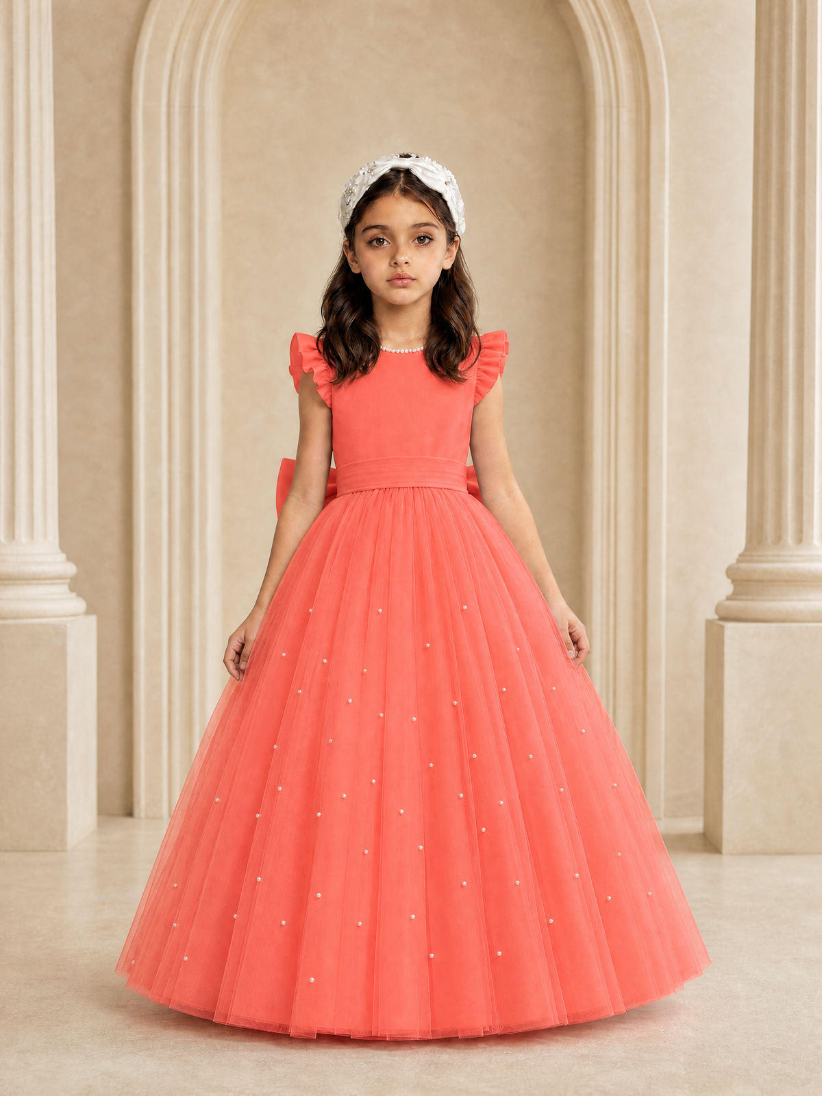 BOLODOO Coral Tulle Flower Girl Dress with Ruffle Sleeves & Bow Back - Coral - Coral_2