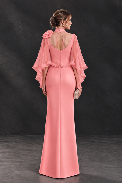 BOLODOO Coral Floral Cape Sleeve Mother of the Bride Dress - Coral - Coral_2