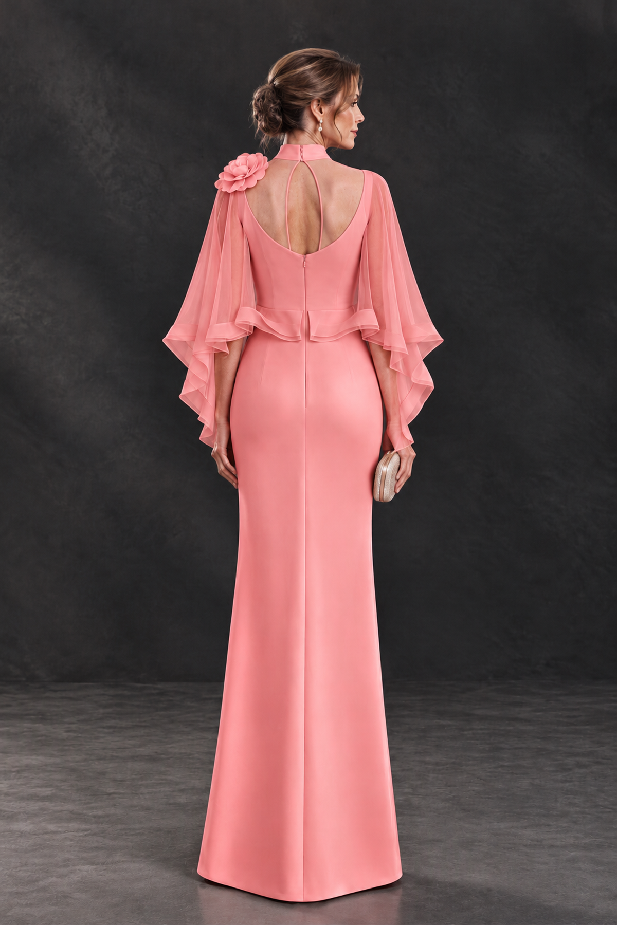 BOLODOO Coral Floral Cape Sleeve Mother of the Bride Dress - Coral - Coral_2