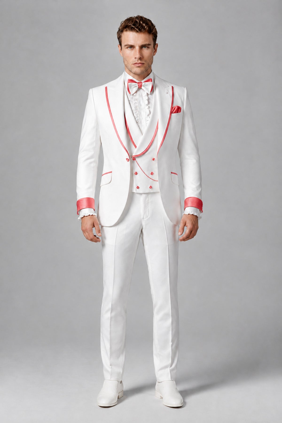 Bolodoo Men's White and Coral Three-Piece Wedding Tuxedo Suit - Coral - Coral_2