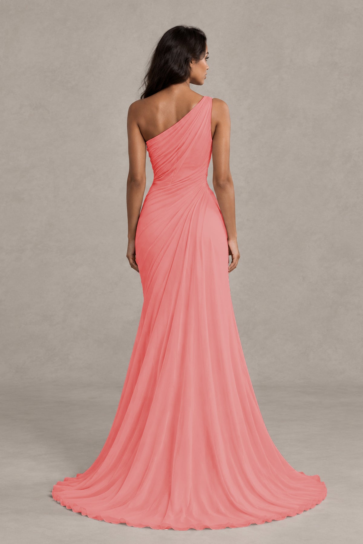 BOLODOO Coral One-Shoulder Floral Ruched Maxi Dress - Coral