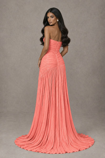 BOLODOO Coral Metallic Ruched Strapless Pleated A-Line Backless Maxi Dress with Train - Coral - Coral_2
