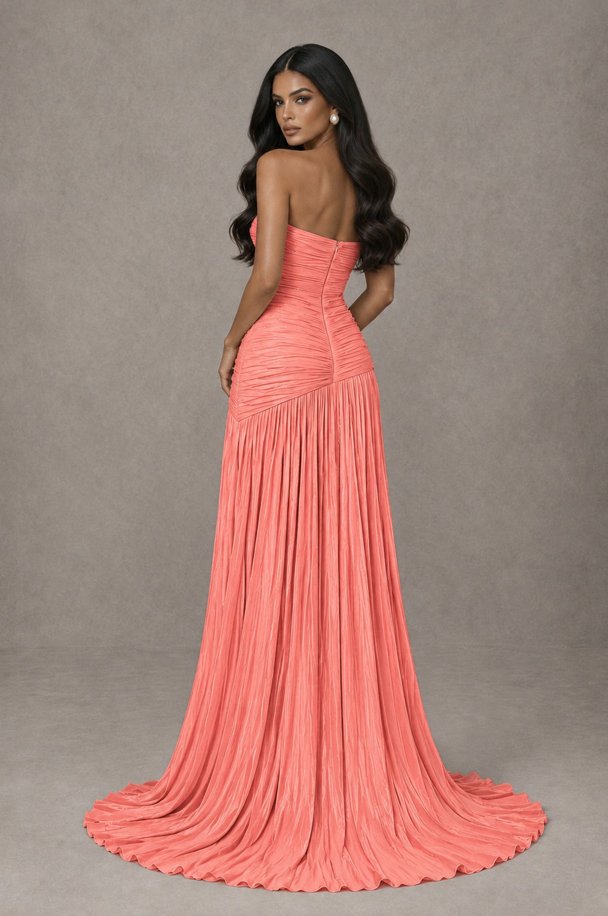 BOLODOO Coral Metallic Ruched Strapless Pleated A-Line Backless Maxi Dress with Train - Coral - Coral_2