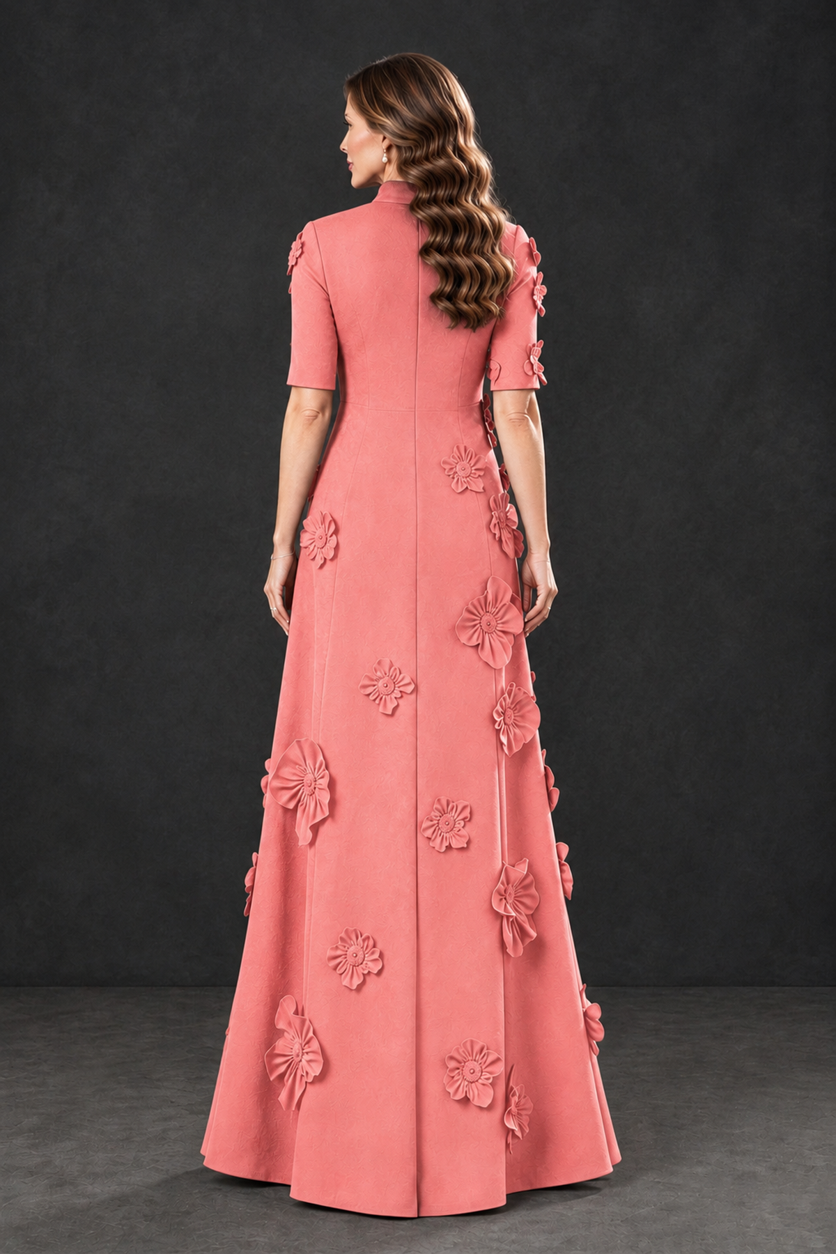 BOLODOO Coral Floral Applique High-Neck Half-Sleeve Gown - Coral - Coral_2