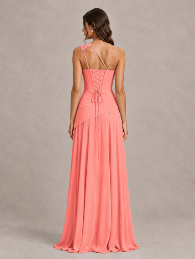 BOLODOO Coral One-Shoulder Lace-Up Back Bridesmaid Dress - Coral - Coral_2