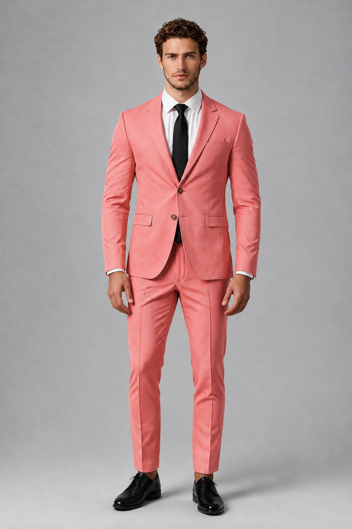 Bolodoo Men's Coral Two-Piece Suit with Notch-Lapel Jacket & Trousers - Coral - Coral_2