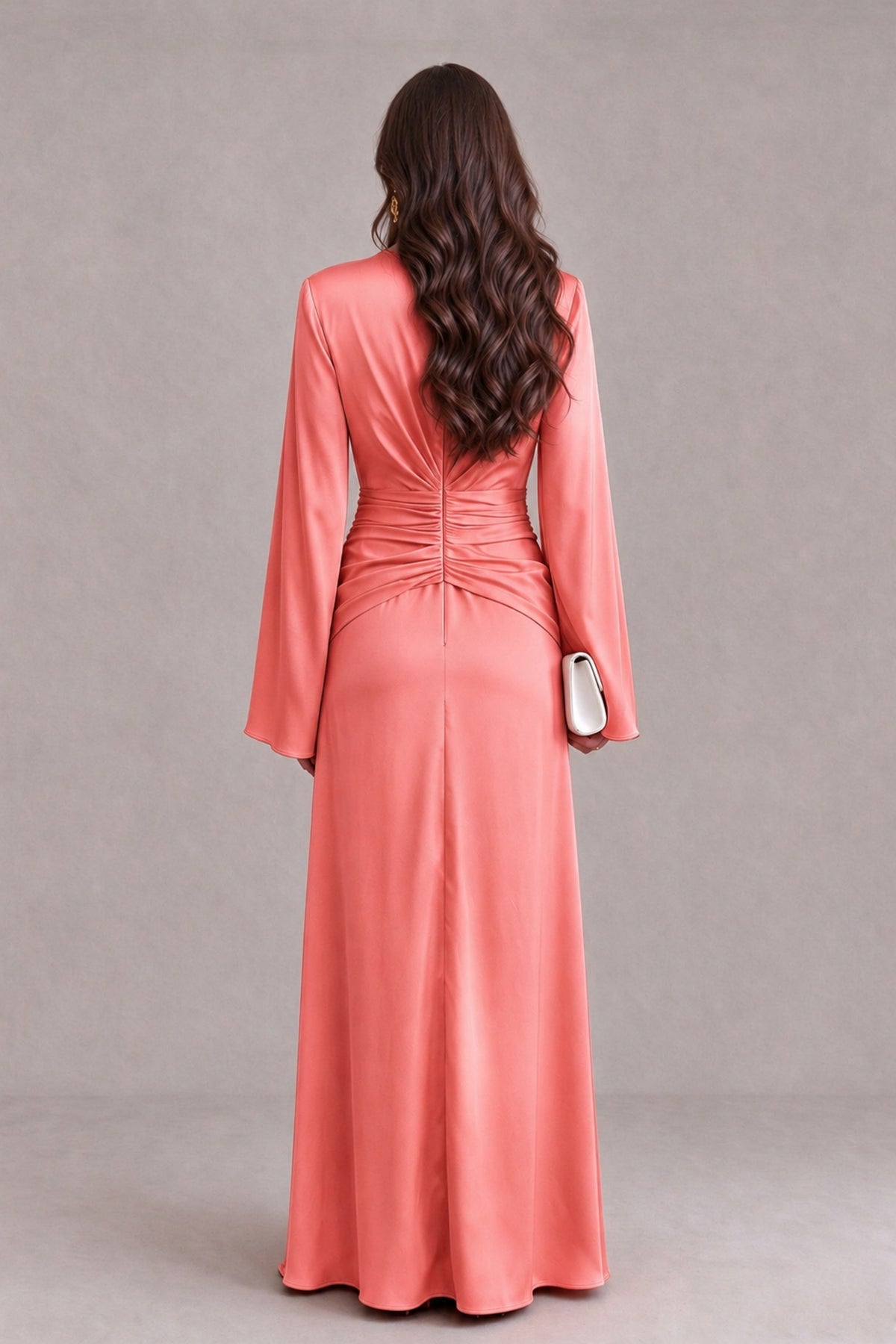 BOLODOO Coral Yellow Satin-Look V-Neck Long Bell Sleeve Evening Dress - Coral - Coral_2