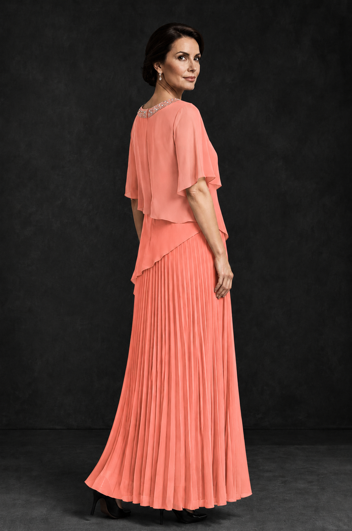 BOLODOO Coral Pearl Beaded Neck Asymmetric Tiered Flutter Sleeve Pleated Chiffon Maxi Dress - Coral - Coral_2
