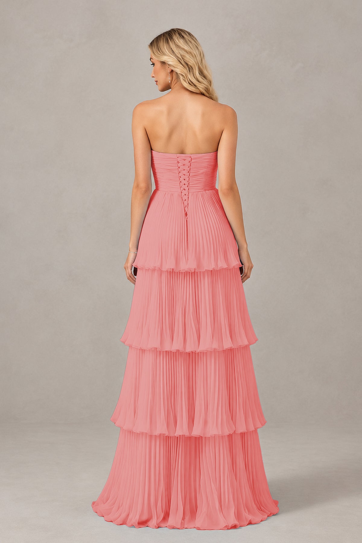 BOLODOO Coral Strapless Tiered Chiffon Maxi Dress - Coral