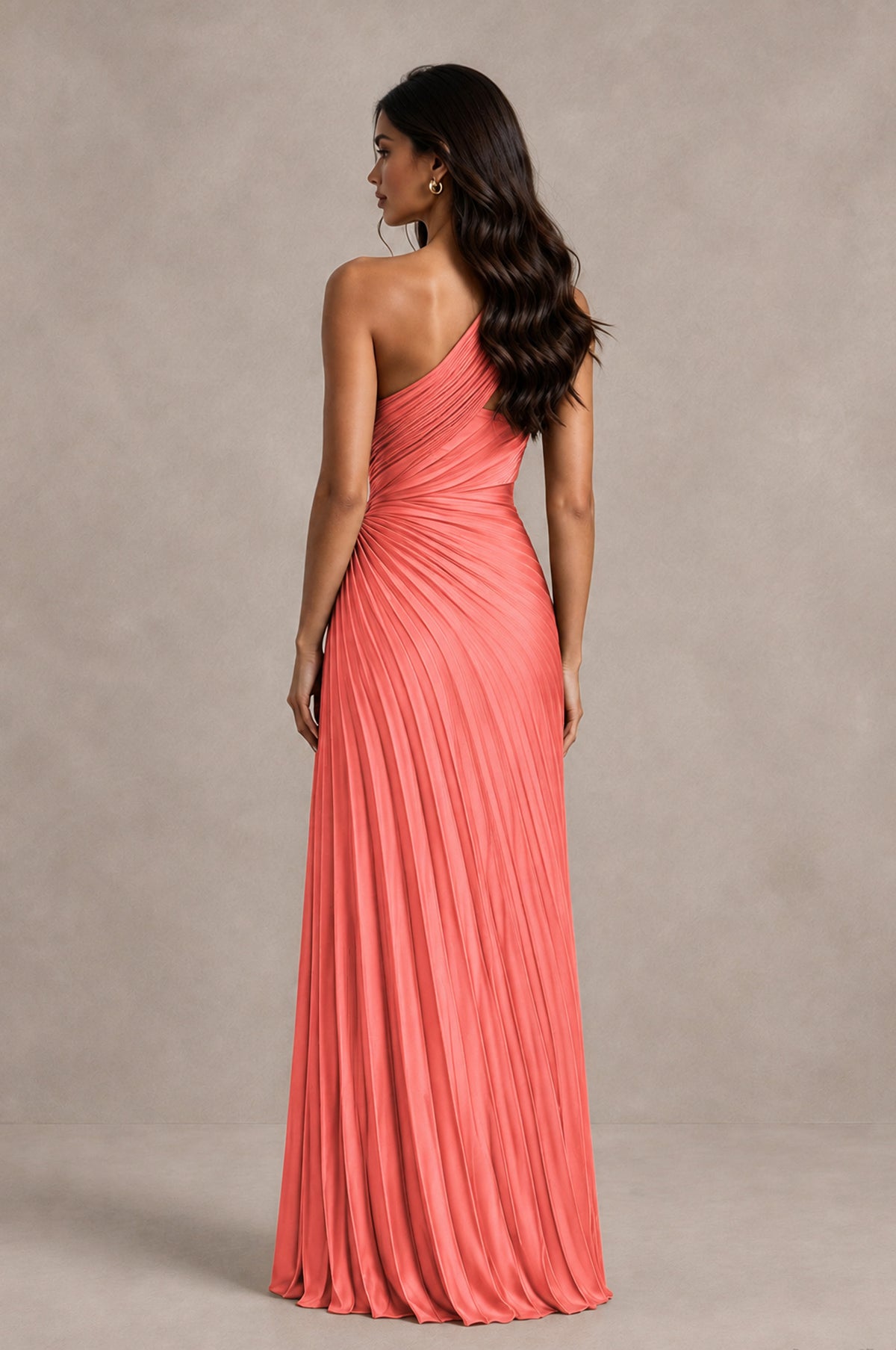 BOLODOO Coral One Shoulder Pleated Evening Dress with Ruched Waist and High Slit - Coral - Coral_2