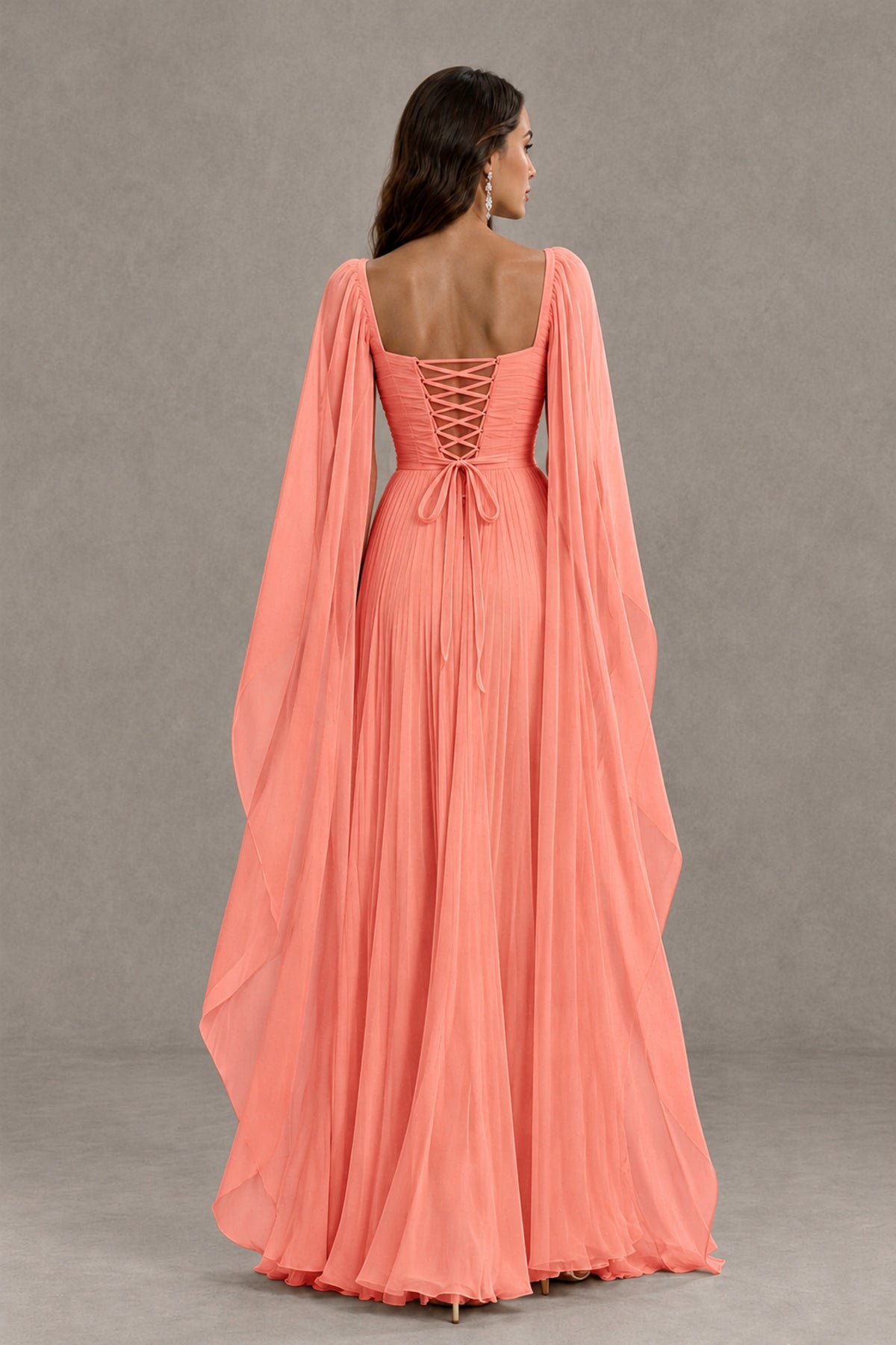 BOLODOO Coral Square Neck Cape Sleeve A-Line Evening Dress - Coral - Coral_2
