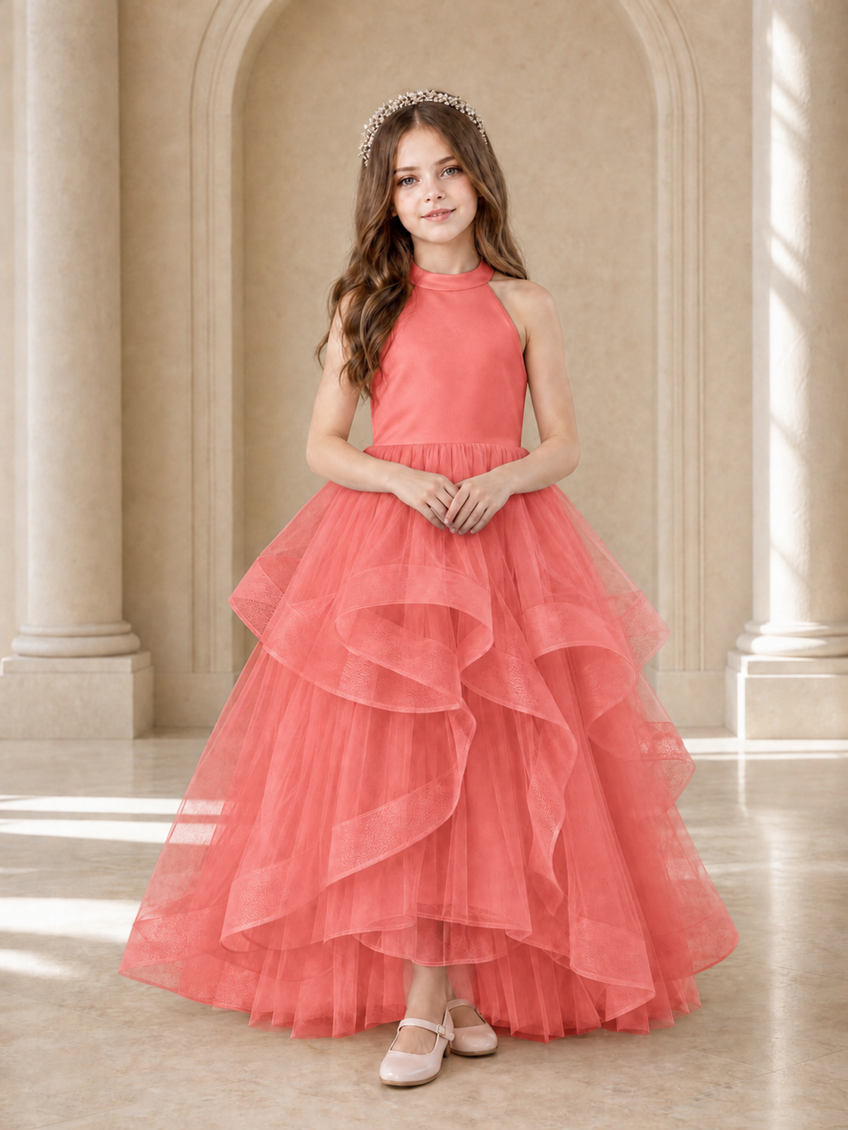BOLODOO Coral Halter Tiered Tulle Flower Girl Dress with Bow Back - Coral - Coral_2