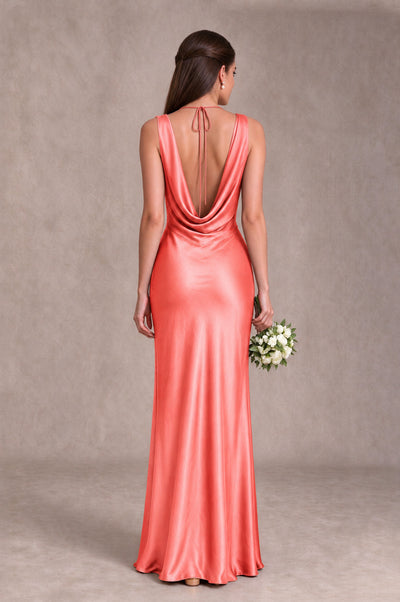 BOLODOO Coral Cowl Neck Open Back Satin Bridesmaid Dress - Coral - Coral_2
