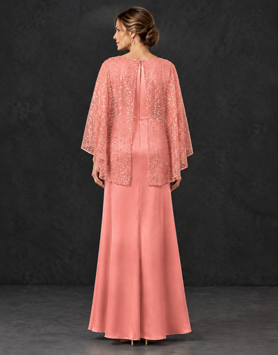 BOLODOO Coral Sparkle Cape Sleeve Mother of the Bride Dress - Coral - Coral_2