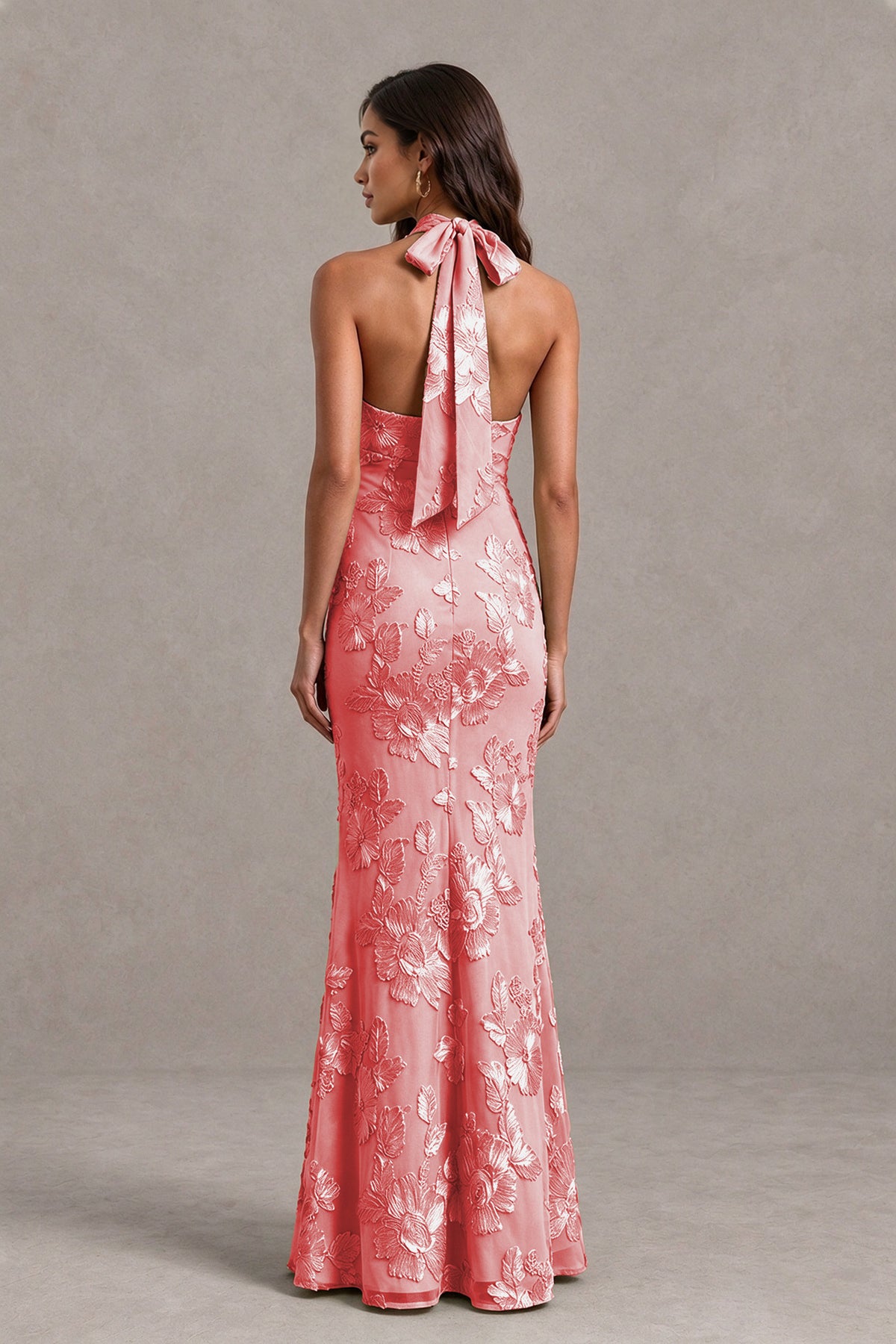BOLODOO Coral Floral Jacquard Halter Maxi Dress - Coral - Coral(2)