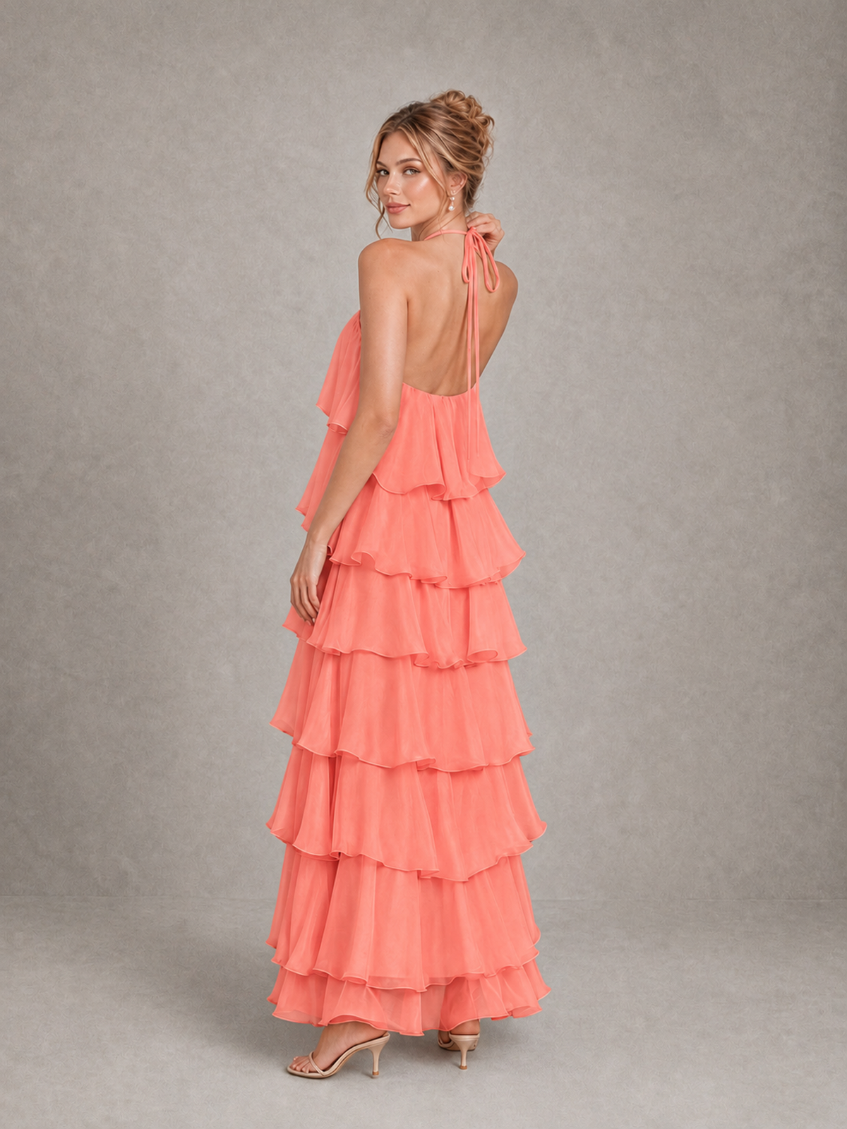 BOLODOO Coral Halter Tiered Ruffle Maxi Bridesmaid Dress - Coral - Coral_2