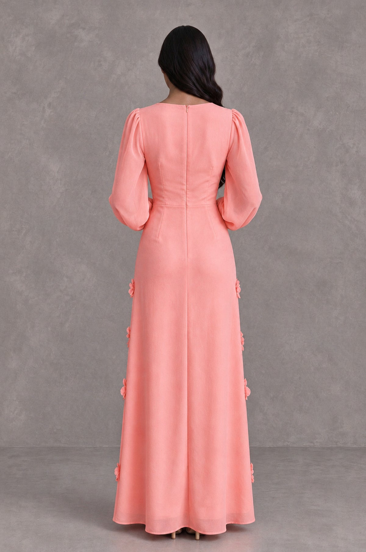 BOLODOO Coral Long Sleeve Floral Applique A-Line Evening Dress - Coral - Coral_2