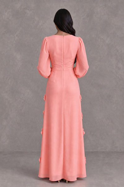 BOLODOO Coral Long Sleeve Floral Applique A-Line Evening Dress - Coral - Coral_2