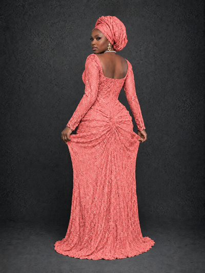 BOLODOO Coral Beaded Lace Long Sleeve Mermaid Gown Sweetheart | Mother of the Bride - Coral - Coral_2