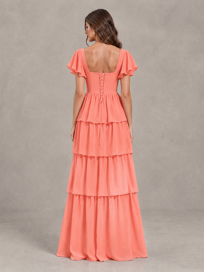 BOLODOO Coral Flutter Sleeve Tiered Maxi Bridesmaid Dress - Coral - Coral_2