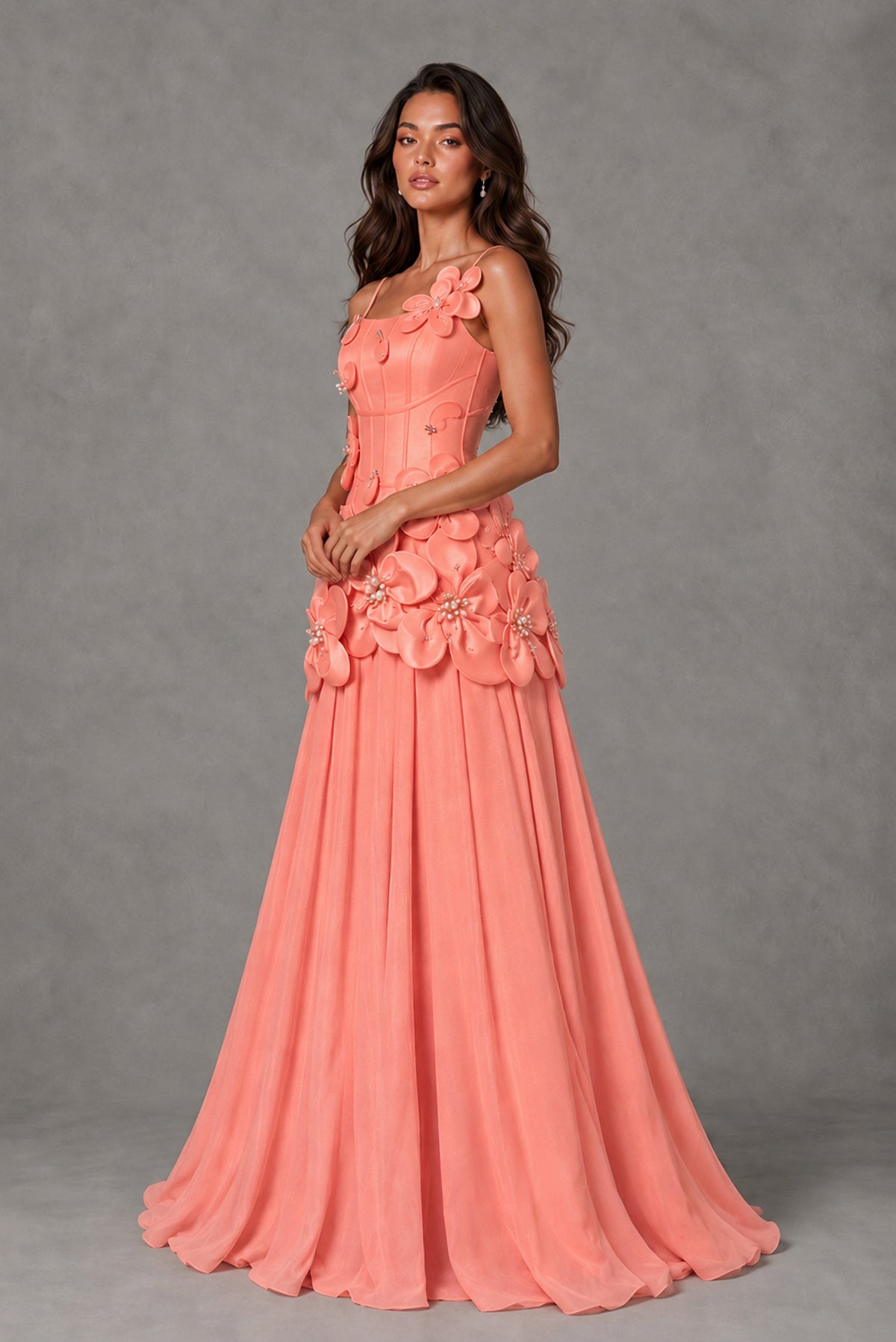 BOLODOO Coral 3D Floral Appliqué Floor-Length A-Line Evening Gown - Coral