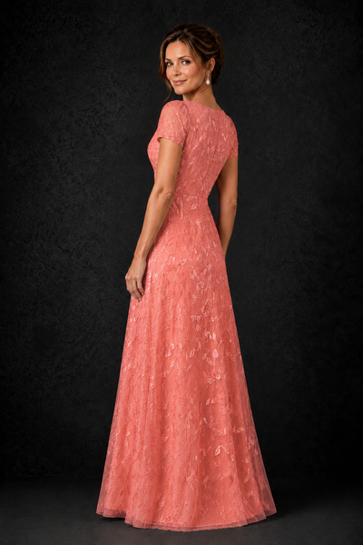 BOLODOO Coral Leaf Embroidered A-Line Formal Gown with Cap Sleeves - Coral - Coral_2