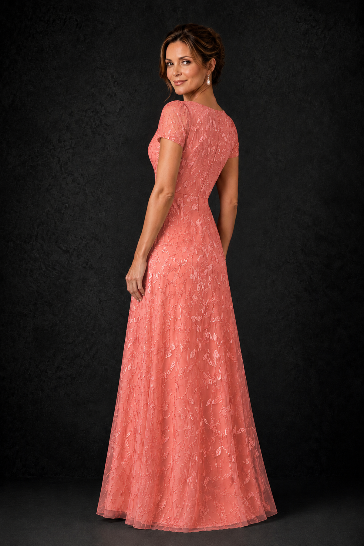 BOLODOO Coral Leaf Embroidered A-Line Formal Gown with Cap Sleeves - Coral - Coral_2