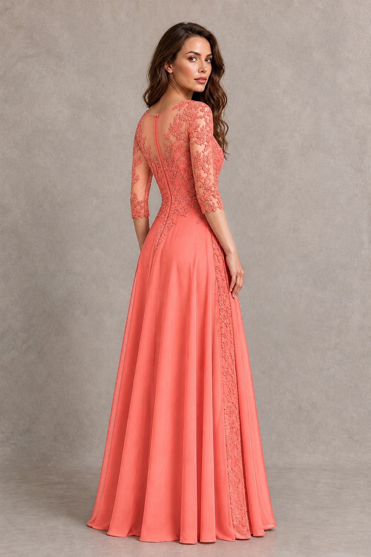 BOLODOO Midnight Coral Beaded Lace Appliqué Chiffon A-Line Gown | Mother of the Bride & Formal Evening Dress - Coral - Coral_2