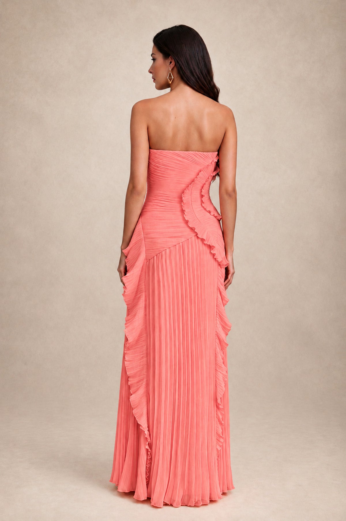 BOLODOO Coral Strapless Ruffle Pleated Slit Evening Gown - Coral - Coral_2