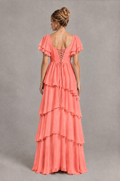 BOLODOO Coral Square Neck Flutter Sleeve Tiered Chiffon Bridesmaid Dress with Lace-Up Back - Coral - Coral_2