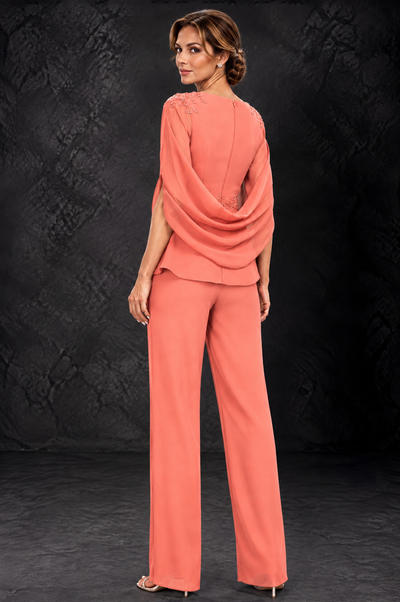 BOLODOO Coral Embellished Cape Sleeve Mother of the Bride Pantsuit - Coral - Coral_2