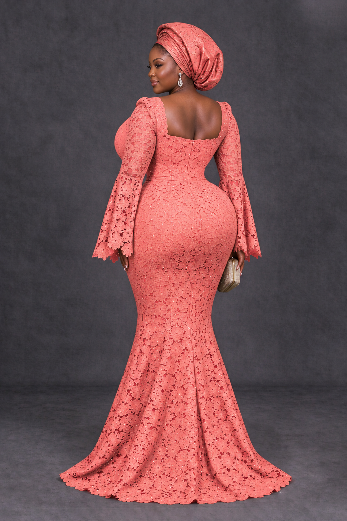 BOLODOO Coral African Lace Mermaid Dress, Plus Size Nigerian Wedding Guest Gown with Bell Sleeves - Coral - Coral_2