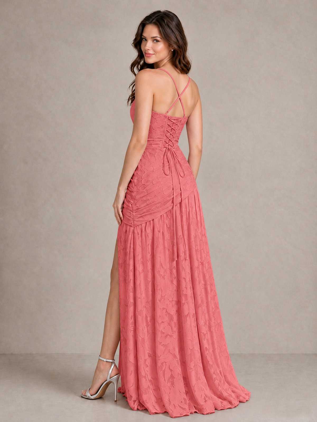 BOLODOO Coral Floral Jacquard Bridesmaid Dress with Square Neck, Lace-Up Back & High Slit - Coral - Coral_2