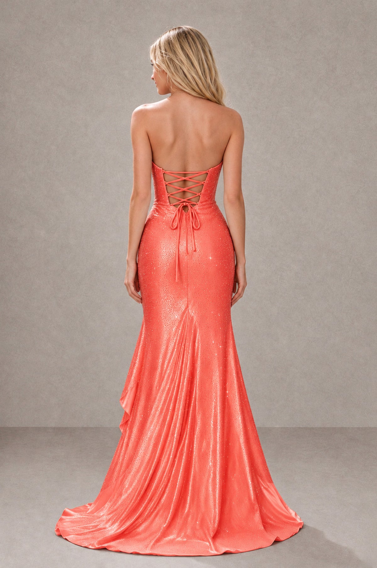 BOLODOO Coral Strapless Corset Mermaid Prom Dress with Ruffle Slit - Coral - Coral_2