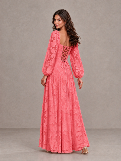 BOLODOO Coral Floral Long Sleeve A-Line Bridesmaid Dress - Coral - Coral_2