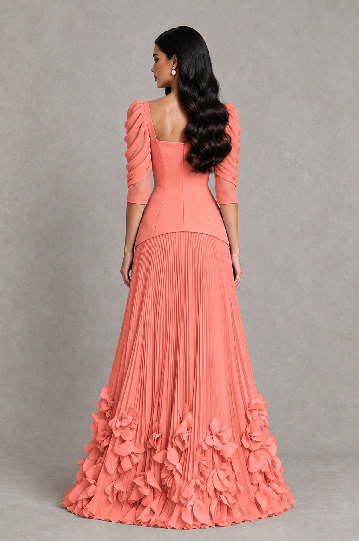 BOLODOO Coral Square Neck Pleated Floral Applique Evening Dress - Coral - Coral_2