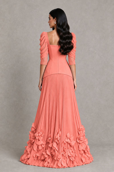 BOLODOO Coral Square Neck Pleated Floral Applique Evening Dress - Coral - Coral_2