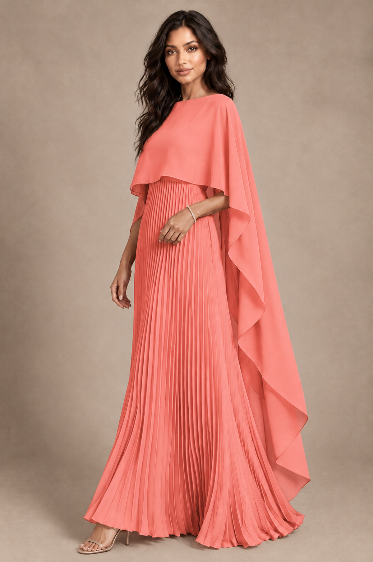 BOLODOO Coral Pleated Cape A-Line Evening Dress - Coral - Coral_2